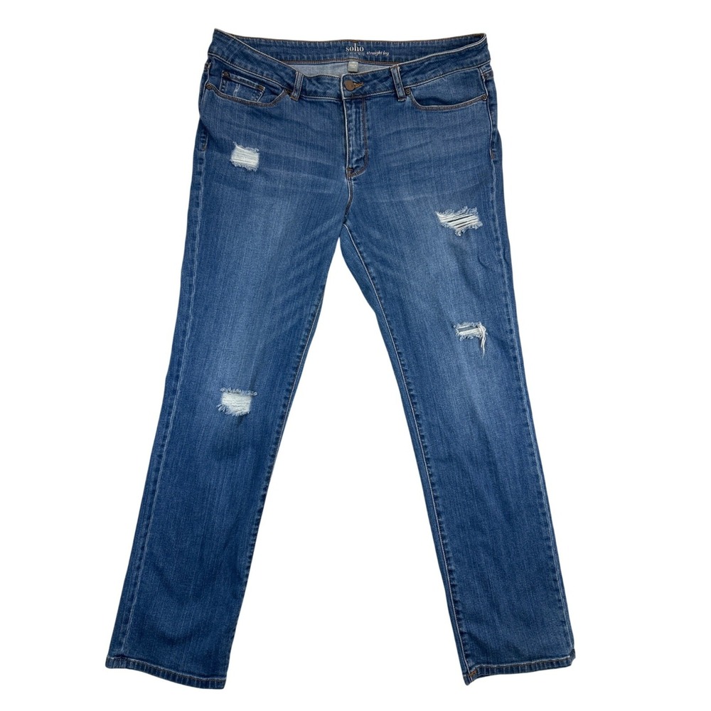 Soho Jeans Womens 14 Plus Blue Denim Straight Leg Stretch Distressed